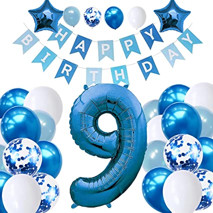 Boys 9th Birthday Decorations Kit - Blue Party Decoration Set, Age 9 Birthday Balloons With Happy Birthday Banners Star Foil Balloons - For Girls Boys Kid Birthday Baby Show