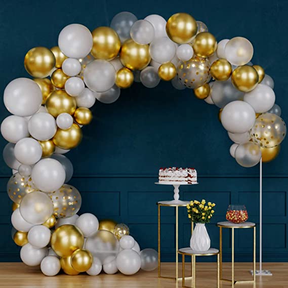 White and Gold Balloon Arch Kit with Hand Pump - 117PCS Balloon Arch With Gold Confetti Balloons for Weddings, Baby Shower, Bridal Shower, Anniversary, Birthday Balloon Gar