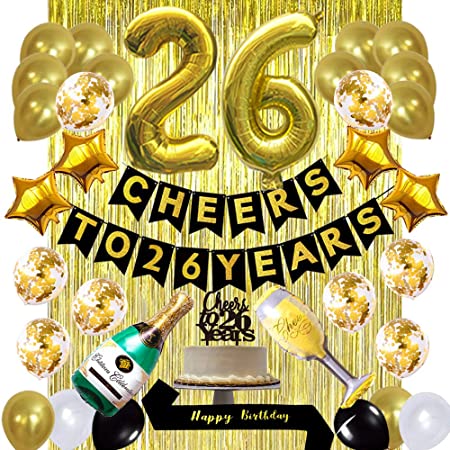 Gold 26th Birthday Decorations Kit - Cheers To 26 Years Banner, Balloons, Cake Topper, Birthday Sash, Gold Fringe Curtains