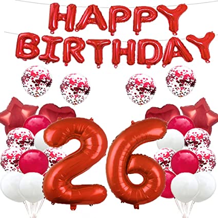 26th Birthday Balloon 26th Birthday Decorations Red - 26 Balloons, Happy 26th Birthday Party Supplies, Number 26 Foil Mylar Balloons, Latex Balloon Gifts for Girls, Boys, W