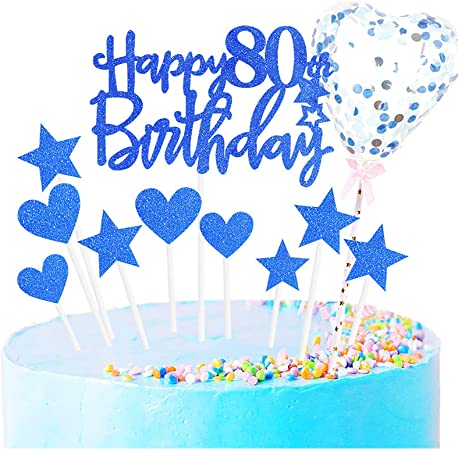 "11pcs Royal Blue Happy 80th Birthday Cake Toppers - Glitter Cupcake Toppers"