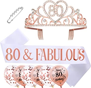 "SKJIAYEE 80th Birthday Tiara and Sash Balloons Kit - Rose Gold and White"