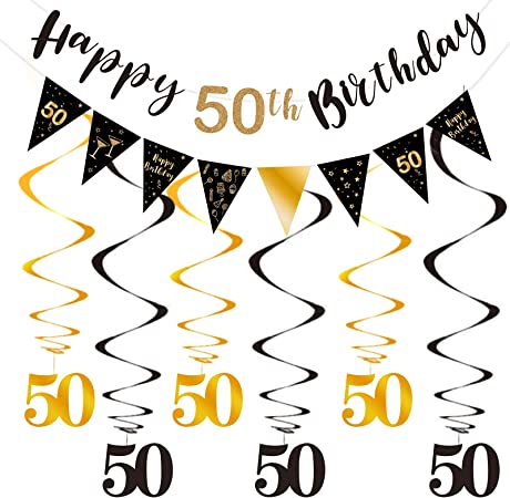 Black and Gold 50th Birthday Decoration Kit for Men - Happy 50th Birthday Banner Bunting Swirls Streamers, Triangle Flag Banner - Birthday Party Decorations Supplies