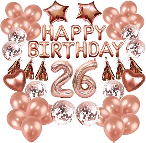 TAOHUIEU 26th Happy Birthday Party Decorations Kit - Balloon Banner, Number "26" Balloon Mylar Foil, Rose Gold Latex Balloon