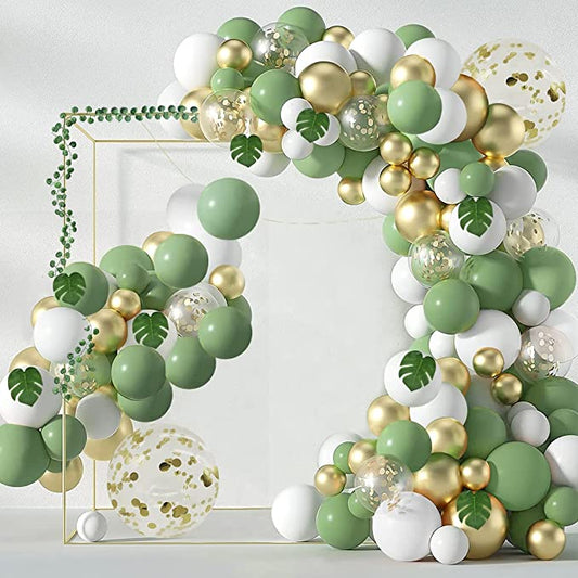 "infolody Balloon Arch Kit with Artificial Palm Leaf Ivy, Baby Shower Decoration 147pcs Sage Green White Gold Confetti Ba"