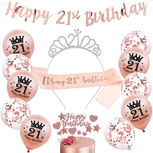 Wendergo Rose Gold Birthday Party Decorations Kit - Happy 21st Birthday Banner, Sash, Tiara, Cake Topper Set, Confetti Balloons