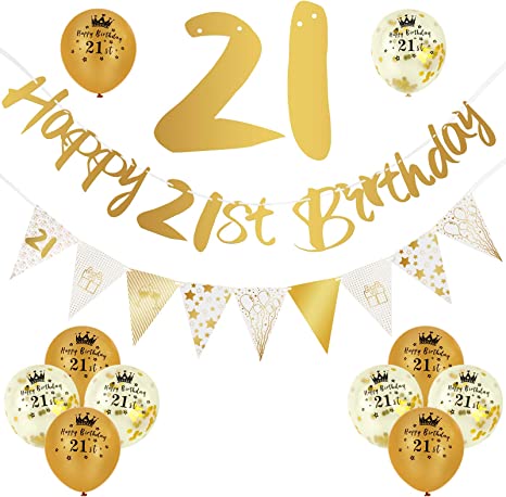 21st Birthday Decorations Kit - Gold Banner, Triangle Flag Banner, and Confetti Latex Balloons