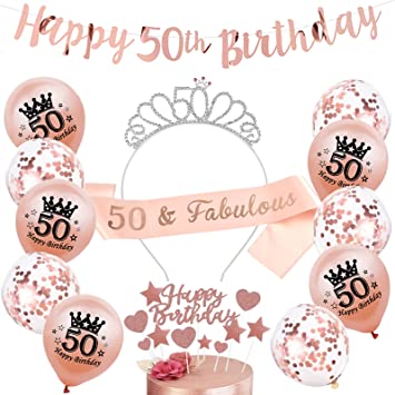 Wendergo Rose Gold Birthday Party Decorations Kit - Happy 50th Birthday Banner, 50th Birthday Sash and Tiara, Happy Birthday Cake Topper Set, Crown Confetti Balloons - Girl