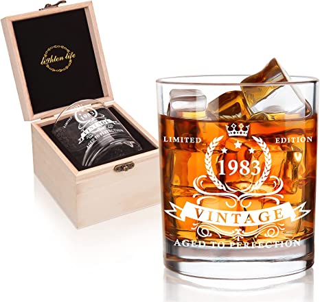 Lighten Life 40th Birthday Gifts for Men - 1983 Whiskey Glass in Valued Wooden Box - Bourbon Glass for 40 Years Old Dad, Husband, Friend - 40th Birthday Decorations for Men