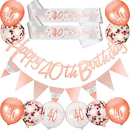 30 Pieces 30th/40th/18th Birthday Decoration Kit Rose Gold - Includes Happy Birthday Banner Triangle Flag, 2 Pieces Birthday Sash, 26 Pieces Confetti Latex Balloons for Wome