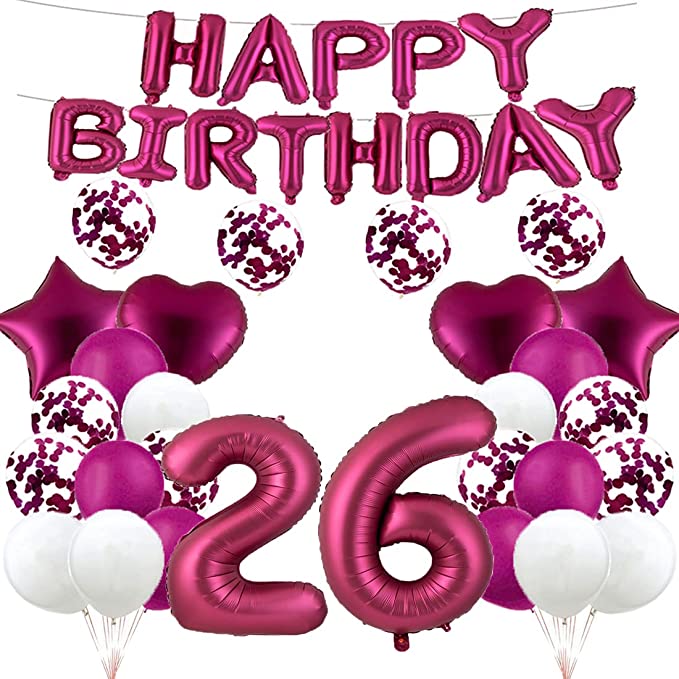 26th Birthday Balloon Decorations - Burgundy 26 Balloons, Happy 26th Birthday Party Supplies, Number 26 Foil Mylar Balloons, Latex Balloon Gifts for Girls, Boys, Women, Men