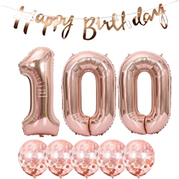 "100th Birthday Decoration Happy Birthday Banner Balloons - Rose Gold Party Supplies"