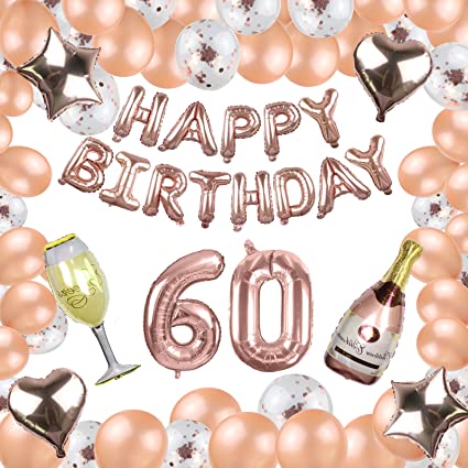 "60th Birthday Decorations Kit: Happy Birthday Banner, Heart Star Foil Balloon, Champagne and Wine Glass Balloon, Fringe Curtain Foil"