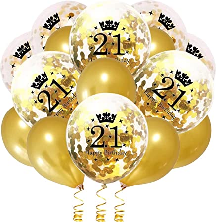 21st Birthday Balloons 12 inch Gold - Confetti Glitter Metallic Balloons Pack of 16