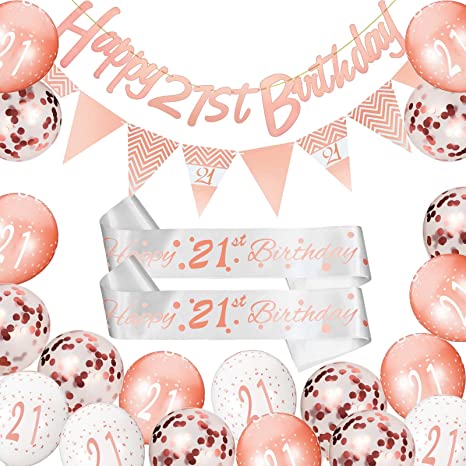 30 Pieces Rose Gold Birthday Decoration Kit - Happy Birthday Banner, Triangle Flag, Birthday Sash, Confetti Balloons