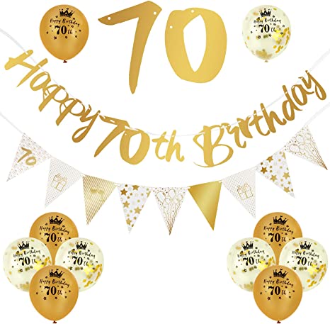 "70th Birthday Decorations Kit: Gold Happy 70th Birthday Banner, Triangle Flag Banner, Confetti Latex Balloons"