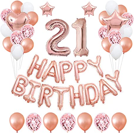 21st Rose Gold Birthday Party Decorations Pack - 48PCS Banner, Foil Balloons, Latex Balloons for Girls, Women