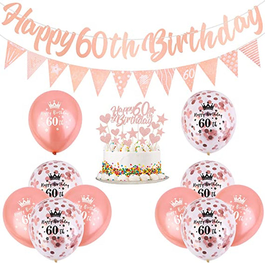 " Rose Gold 60th Birthday Decorations Kit: Happy Birthday Banner, Triangle Flag Banner, Cake Topper, and Confetti Latex Balloons"