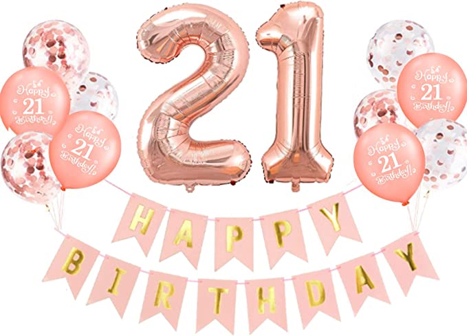 Whaline 21st Rose Gold Birthday Decoration Kit - Happy Birthday Banner, 21 Foil Balloon, Latex Balloons, Confetti Balloon