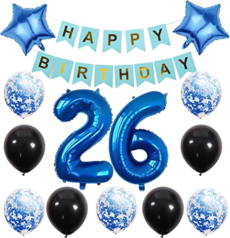 Chaungfu26 Birthday Party Supplies - Blue Number 26 Foil Balloon Happy Birthday Banner Kit - 26th Birthday Decoration - Black Blue Latex Confetti Balloon Foil Star Balloon -