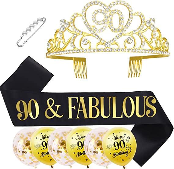 "90th Birthday Tiara and Sash Balloons Kit - Gold and Black Birthday Party Favors for Girls"