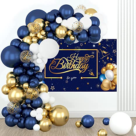 Navy Blue Balloon Arch Kit with Happy Birthday Backdrop - 94Pcs Balloon Garland Arch Kit for Men, Boy Birthday Party Decoration, Baby Shower, Space Party