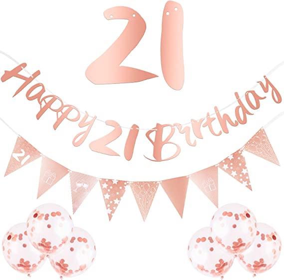 8 Pieces 21st Birthday Decorations Kit - Rose Gold Happy Birthday Banner, Triangle Flag Banner, and Confetti Balloons