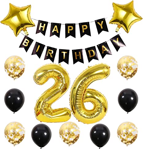 Chaungfu26 Birthday Party Supplies - Gold Number 26 Foil Balloon, Happy Birthday Banner Kit, Black Gold Latex Confetti Balloon, Foil Star Balloon