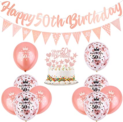 "Rose Gold 50th Birthday Decorations Kit: Banner, Flag, Cake Topper, and Balloons"