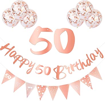 "Rose Gold Happy 50th Birthday Banner Decoration Kit: Triangle Flag Banner, Confetti Latex Balloons for Women's Birthday Party"