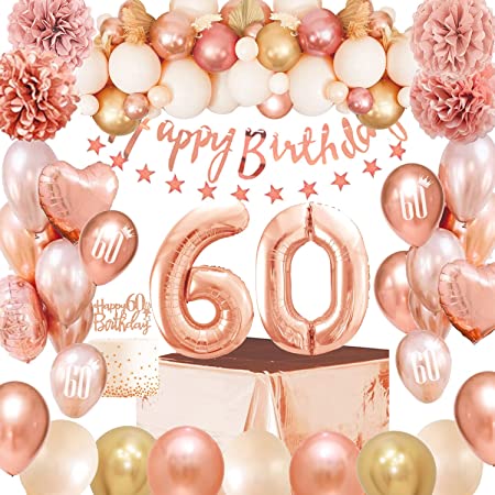 "60th Birthday Decorations Rose Gold: Happy Birthday Banner, Cake Topper, Latex Balloons"