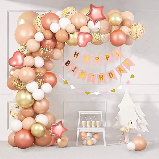 Blush Peach Balloons Arch Garland Kit - 147 Pcs Rose Gold Decorations - Women Lady Happy Birthday Banner - Orange Balloons Pastel Confetti Latex Metallic Star Heart Foil Bal