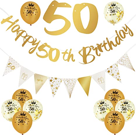 "Gold 50th Birthday Decorations Kit: Happy Birthday Banner, Triangle Flag Banner, and Confetti Balloons"