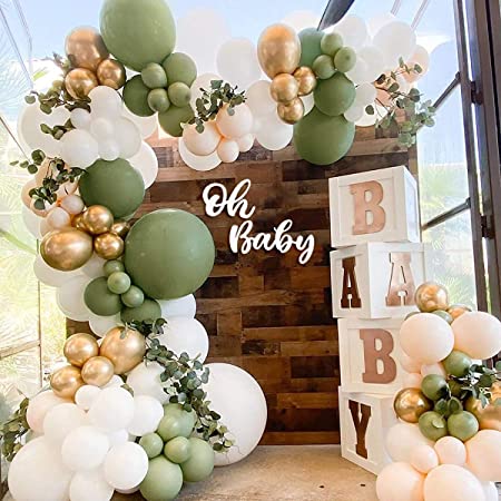 Sage Green Balloon Garland Arch Kit with White Latex Balloon Gold Metallic Latex Balloons