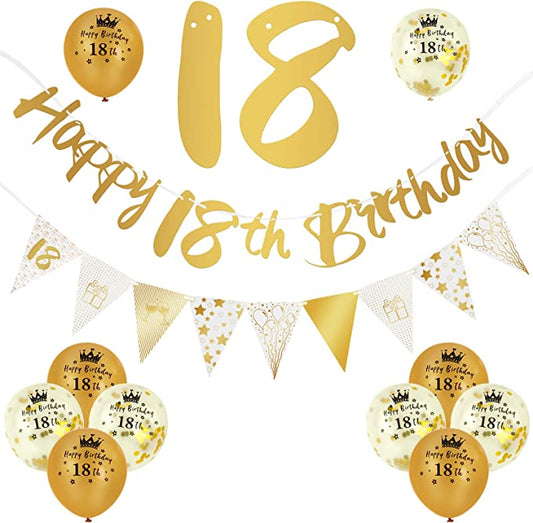 "12-Piece 18th Birthday Decorations Kit | Gold Happy 18th Birthday Banner | Party Supplies"