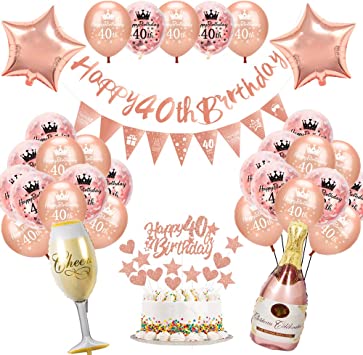 40th Birthday Decorations Kit - Rose Gold 40th Happy Birthday Banner, Triangle Flag Banner, and Confetti Latex Balloons for 40th Woman Birthday Party Decoration - Birthday P
