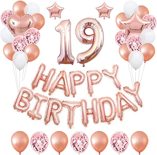 "19th Rose Gold Birthday Party Decorations Pack: Banner & Foil Balloons"