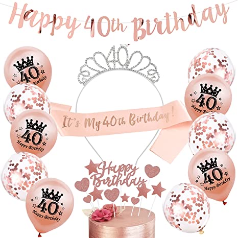 Wendergo Rose Gold Birthday Party Decorations Kit - Happy 40th Birthday Banner, 40th Birthday Sash and Tiara, Happy Birthday Cake Topper Set, Crown Confetti Balloons - Girl