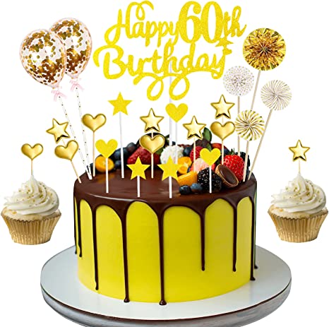 "Gold Happy 60th Birthday Cake Topper Kit: Star Heart Paper Fans, Confetti Balloon, Cupcake Topper"