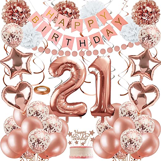 Rose Gold 21st Birthday Decorations Kit for Girls/Women - Happy Birthday Banner, Confetti Balloons, 21st Happy Birthday Banner