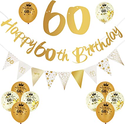 "Gold 60th Birthday Decorations Kit: Happy Birthday Banner, Triangle Flag Banner, and Confetti Latex Balloons"