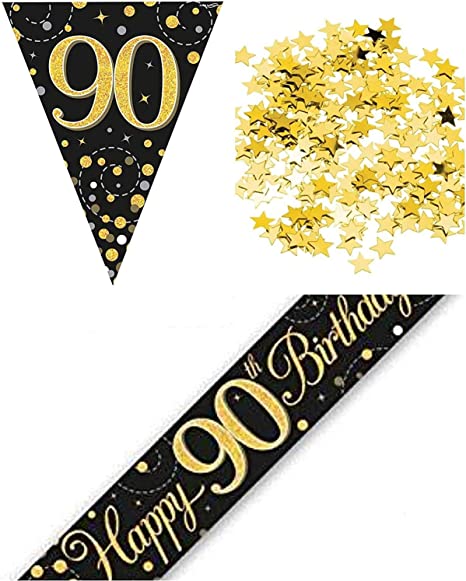 "Blue Silver Glitz 90th Birthday Flag Banner Party Decoration Pack - Happy Birthday"