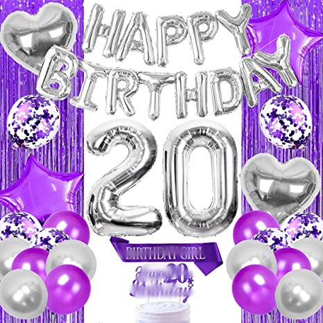 "Purple and Silver 20th Birthday Decorations Kit: Balloons, Banner & Fringe Curtain"