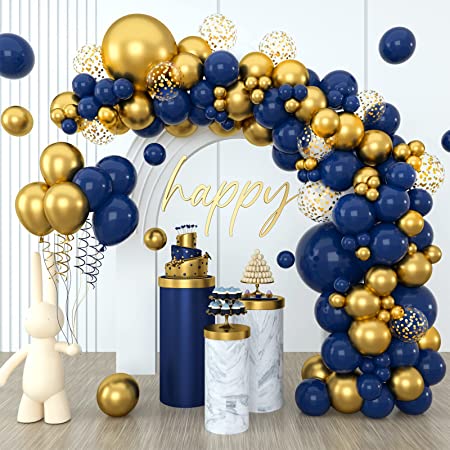 Navy Blue Balloon Arch Kit - 114pcs Navy Blue Gold Birthday Balloons Garland Kit with Confetti Balloons, Blue Gold Balloon Arch for Boys Men Birthday Party Decorations, Baby