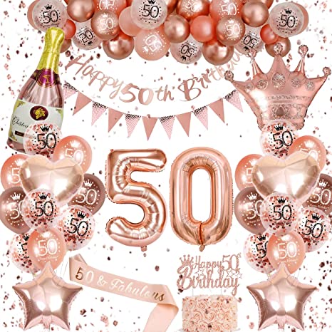 "50th Birthday Decoration for Women: Rose Gold Balloons, Happy Birthday Banner, Triangle Flag Banner, Number 50 Balloons"