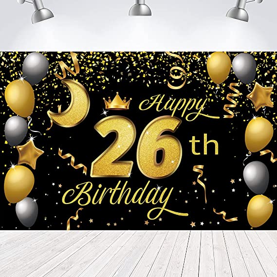 Sweet Happy 26th Birthday Backdrop Banner Poster - 26th Birthday Party Decorations, 26th Photo Background for Girls, Boys, Women, Men (Black Gold, 72.8 x 43.3 Inch)