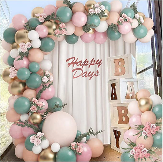 Balloon Arch Kit, 120 Pcs Sage Green Blush Pink Balloons Garland Kit, Metallic Chrome Gold Birthday Balloons