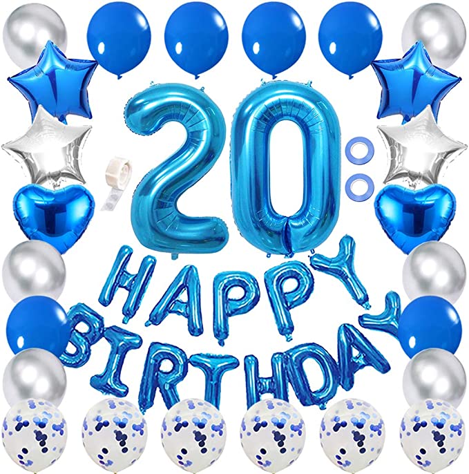 Blue and Silver 20th Birthday Balloon Decoration Set