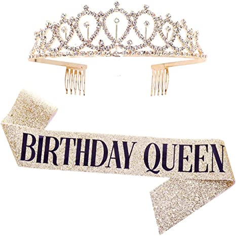 "Birthday Queen Sash & Rhinestone Tiara Kit: Gold Birthday Party Supplies"