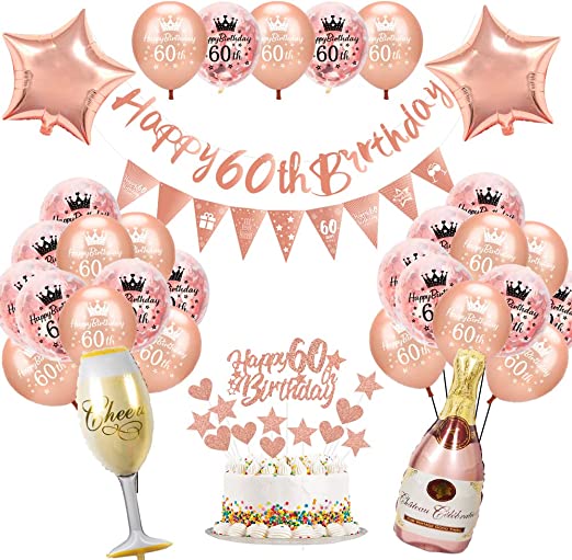 "Rose Gold 60th Birthday Decorations Kit: Happy Birthday Banner, Triangle Flag Banner, and Confetti Latex Balloons"